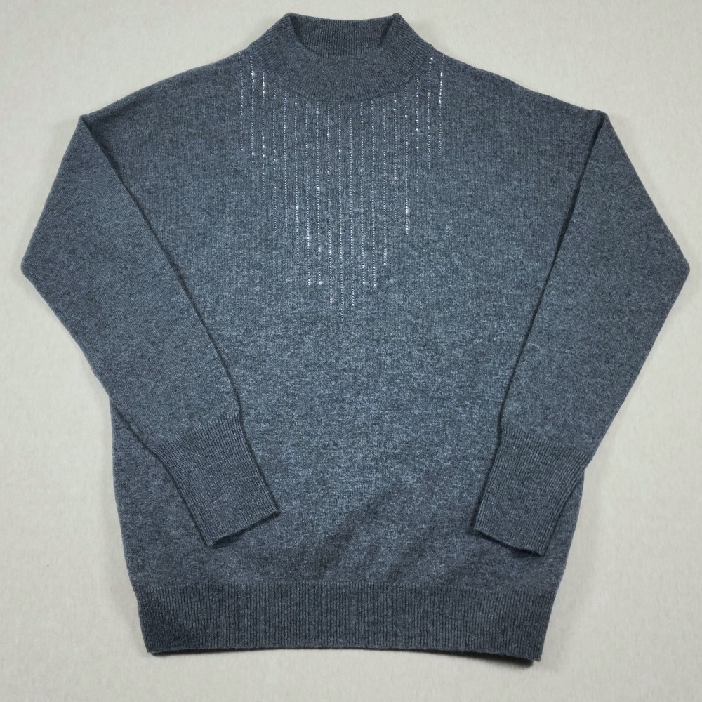 Neiman Marcus Cashmere Sweater Womens Medium Gray Sequin Beaded Neck Pullover